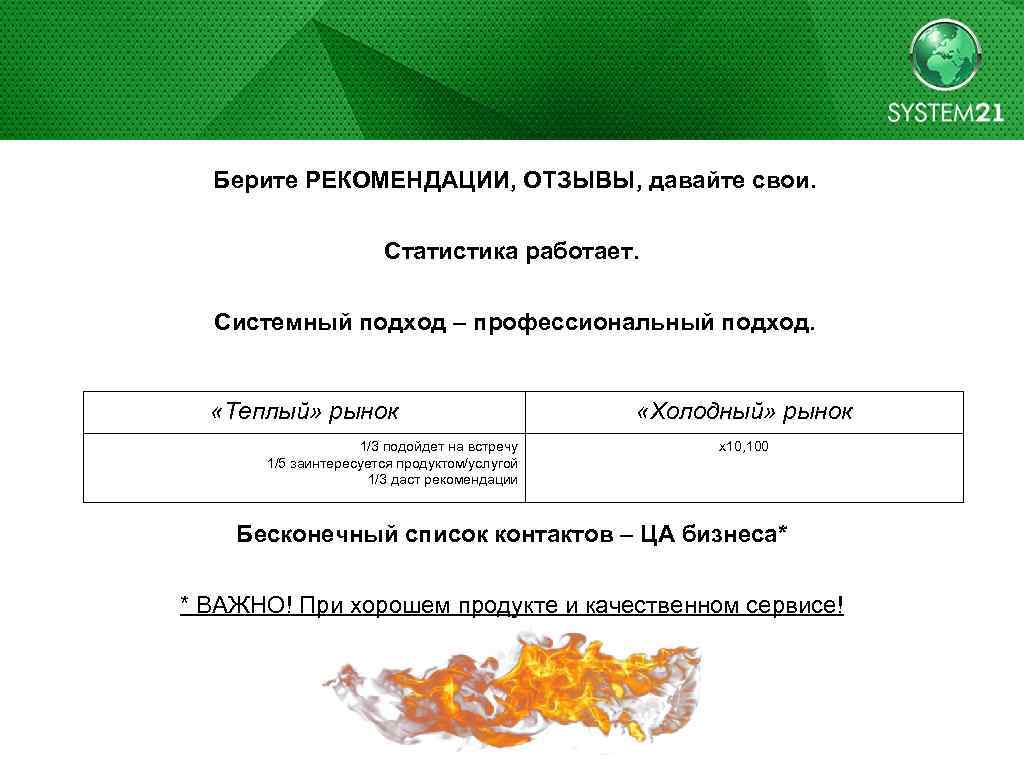 Берите РЕКОМЕНДАЦИИ, ОТЗЫВЫ, давайте свои. Статистика работает. Системный подход – профессиональный подход. «Теплый» рынок