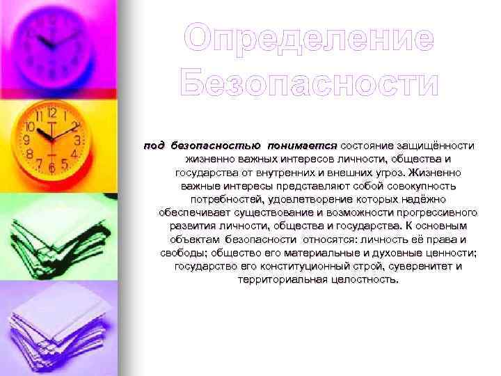 Определение Безопасности под безопасностью понимается состояние защищённости жизненно важных интересов личности, общества и государства