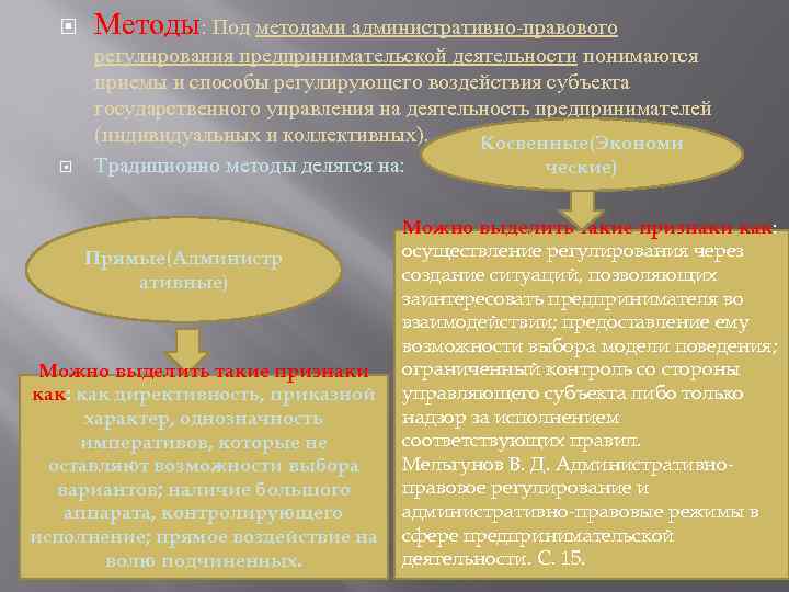  Методы: Под методами административно-правового регулирования предпринимательской деятельности понимаются приемы и способы регулирующего воздействия