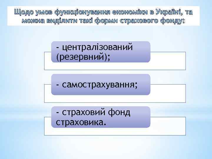 Щодо умов функціонування економіки в Україні, та можна виділити такі форми страхового фонду: -