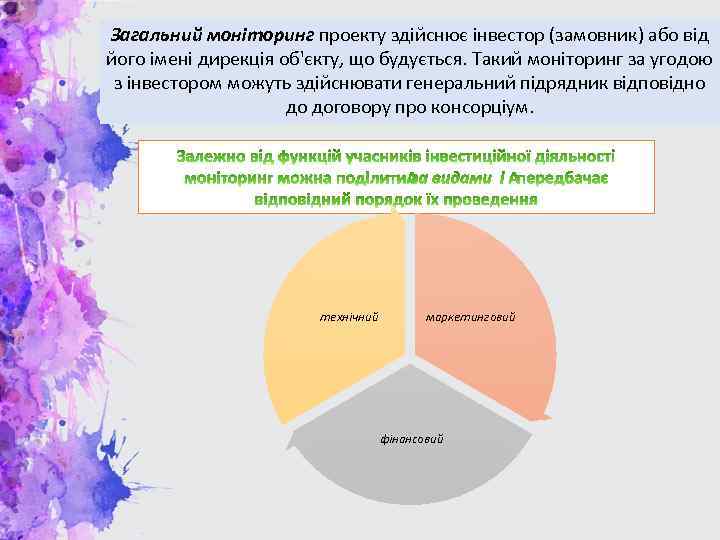 Загальний моніторинг проекту здійснює інвестор (замовник) або від його імені дирекція об'єкту, що будується.