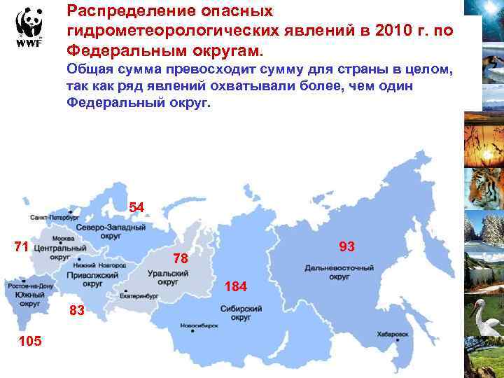 Распределение опасных гидрометеорологических явлений в 2010 г. по Федеральным округам. Общая сумма превосходит сумму