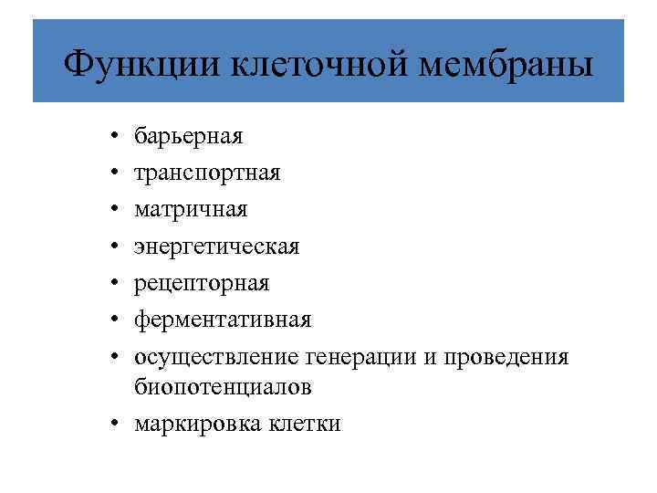 Функции клеточной мембраны • • барьерная транспортная матричная энергетическая рецепторная ферментативная осуществление генерации и