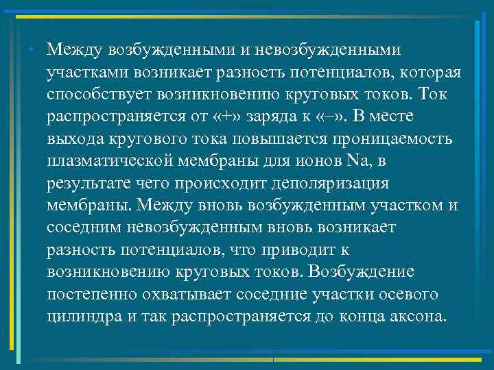  • Между возбужденными и невозбужденными участками возникает разность потенциалов, которая способствует возникновению круговых