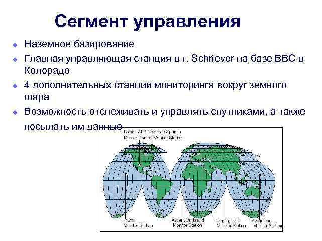 Сегмент управления u u Наземное базирование Главная управляющая станция в г. Schriever на базе