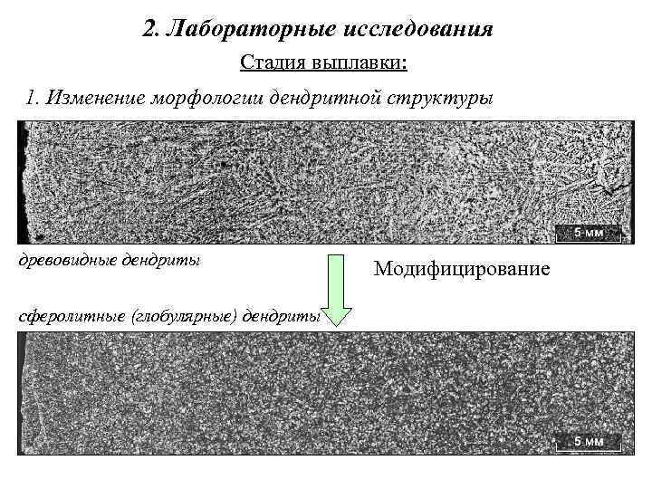 2. Лабораторные исследования Стадия выплавки: 1. Изменение морфологии дендритной структуры древовидные дендриты сферолитные (глобулярные)