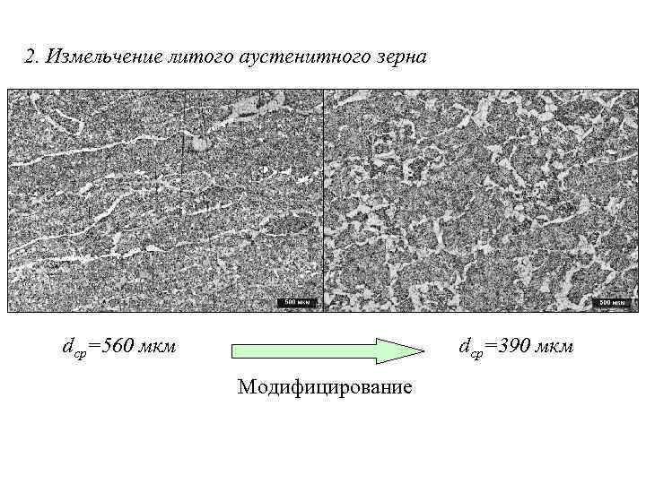 2. Измельчение литого аустенитного зерна dср=560 мкм dср=390 мкм Модифицирование 