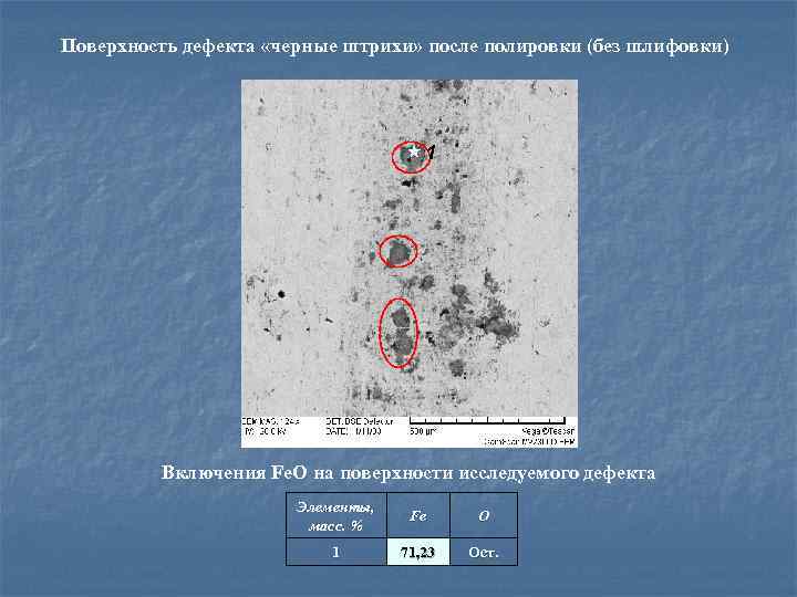Поверхность дефекта «черные штрихи» после полировки (без шлифовки) 1 Включения Fe. O на поверхности