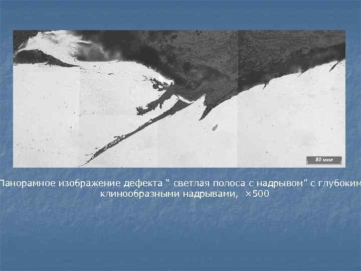 Панорамное изображение дефекта “ светлая полоса с надрывом” с глубоким клинообразными надрывами, × 500