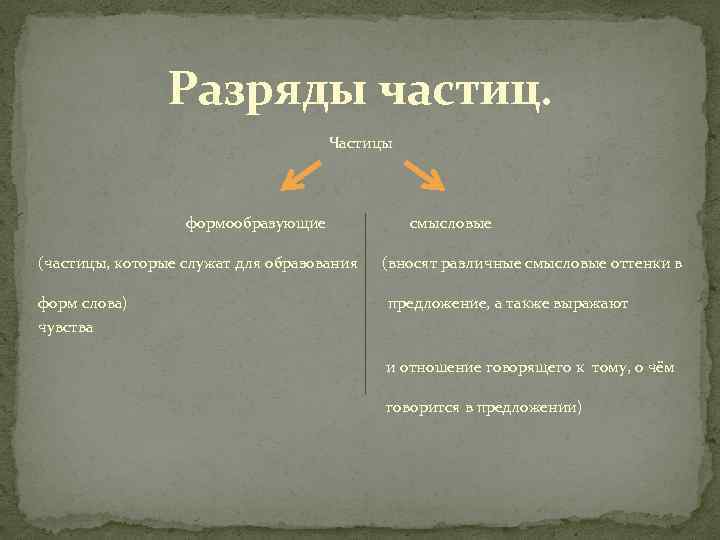 Разряды частиц. Частицы формообразующие (частицы, которые служат для образования форм слова) чувства смысловые (вносят