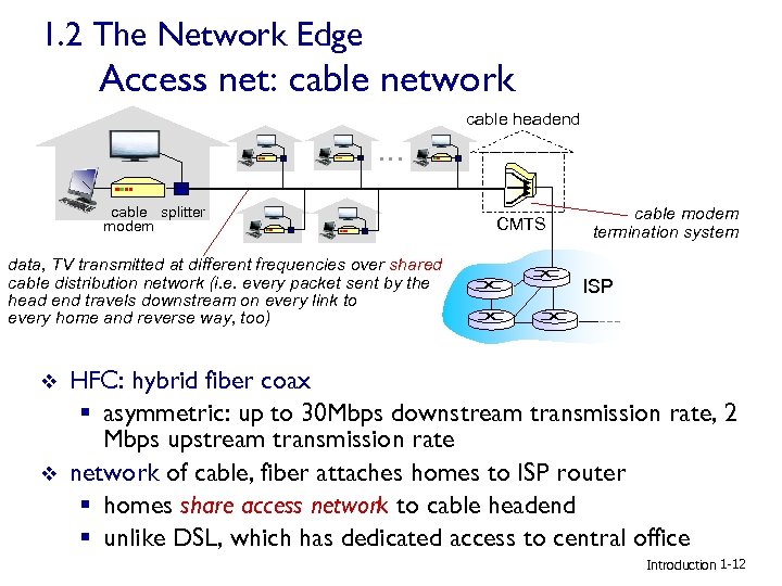 1. 2 The Network Edge Access net: cable network cable headend … cable splitter