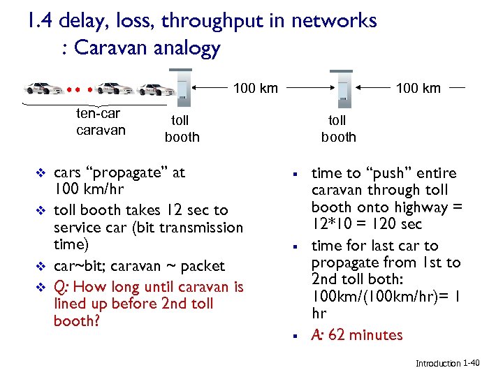 1. 4 delay, loss, throughput in networks : Caravan analogy 100 km ten-car caravan
