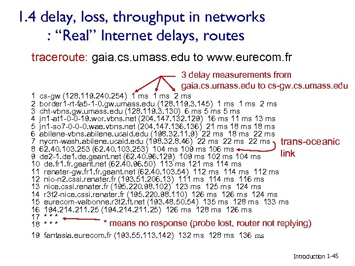 1. 4 delay, loss, throughput in networks : “Real” Internet delays, routes traceroute: gaia.