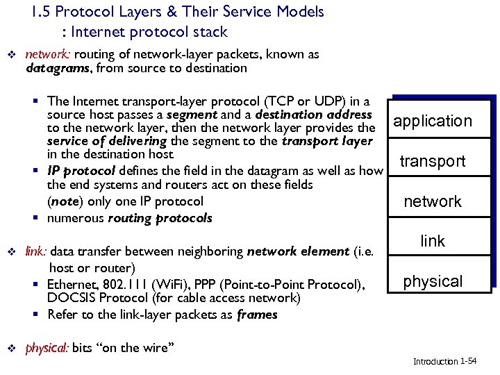 1. 5 Protocol Layers & Their Service Models : Internet protocol stack v network: