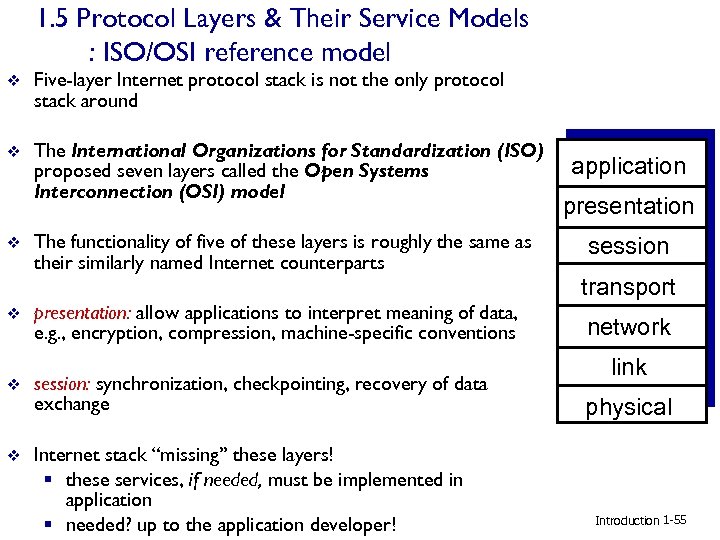 1. 5 Protocol Layers & Their Service Models : ISO/OSI reference model v Five-layer
