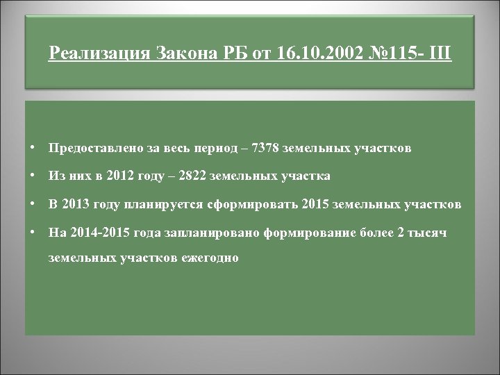 Реализация Закона РБ от 16. 10. 2002 № 115 - III • Предоставлено за