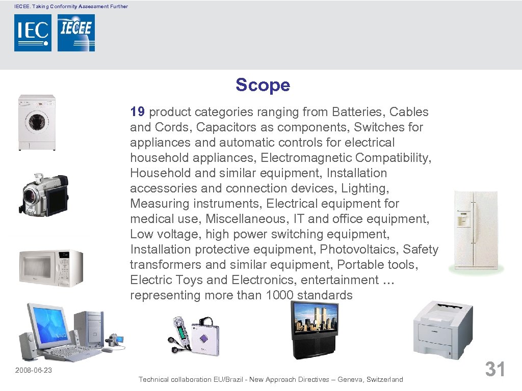 IECEE. Taking Conformity Assessment Further Scope 19 product categories ranging from Batteries, Cables and