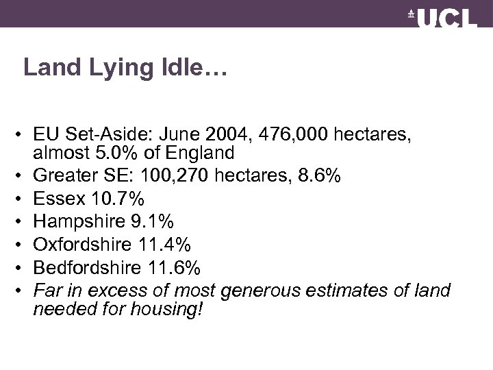 Land Lying Idle… • EU Set-Aside: June 2004, 476, 000 hectares, almost 5. 0%