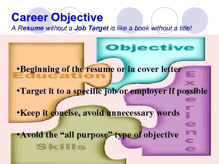 Career Objective A Resume without a Job Target is like a book without a