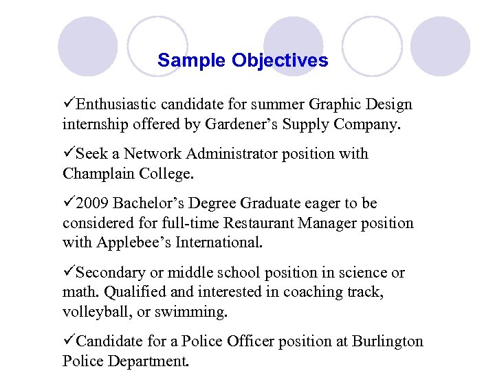 Sample Objectives üEnthusiastic candidate for summer Graphic Design internship offered by Gardener’s Supply Company.