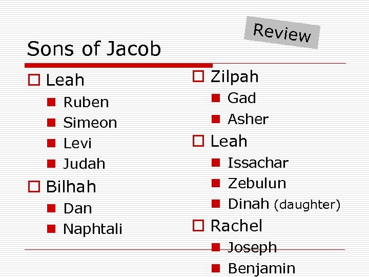 Review Sons of Jacob o Leah n n Ruben Simeon Levi Judah o Bilhah