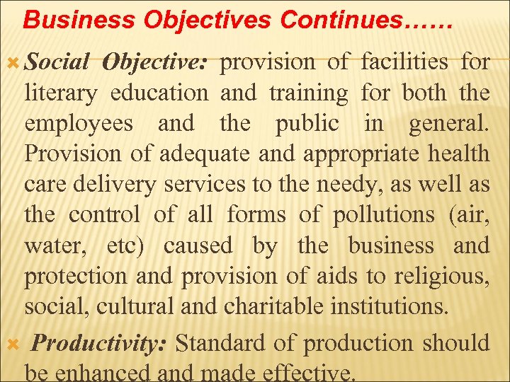 Business Objectives Continues…… Social Objective: provision of facilities for literary education and training for