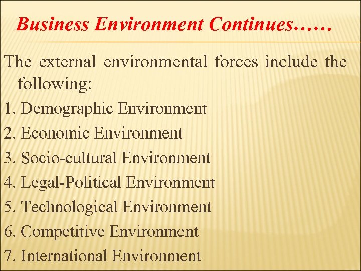 Business Environment Continues…… The external environmental forces include the following: 1. Demographic Environment 2.