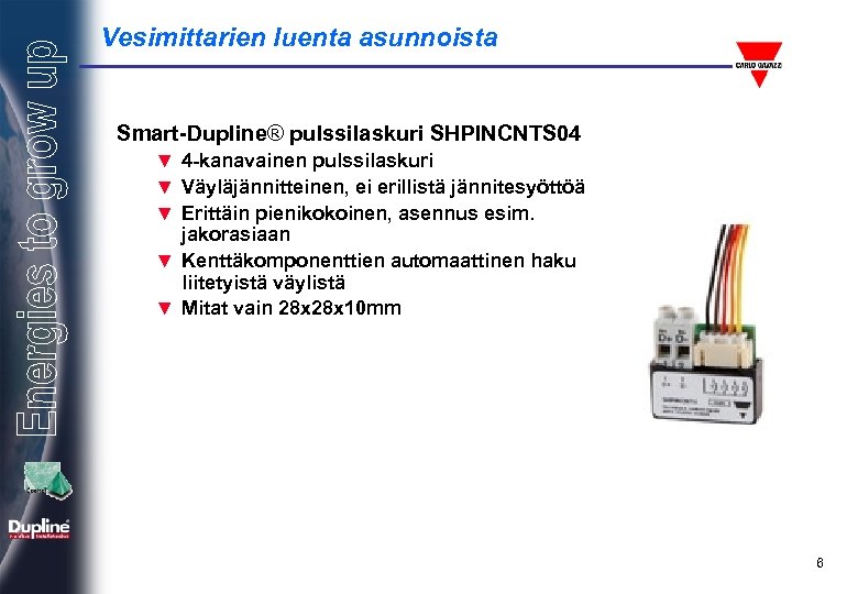 Vesimittarien luenta asunnoista Smart-Dupline® pulssilaskuri SHPINCNTS 04 ▼ 4 -kanavainen pulssilaskuri ▼ Väyläjännitteinen, ei