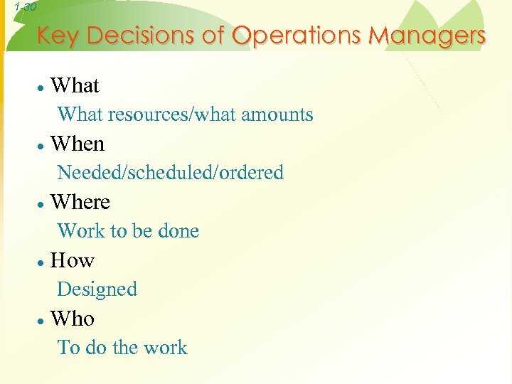 1 -30 Key Decisions of Operations Managers · What resources/what amounts · When Needed/scheduled/ordered