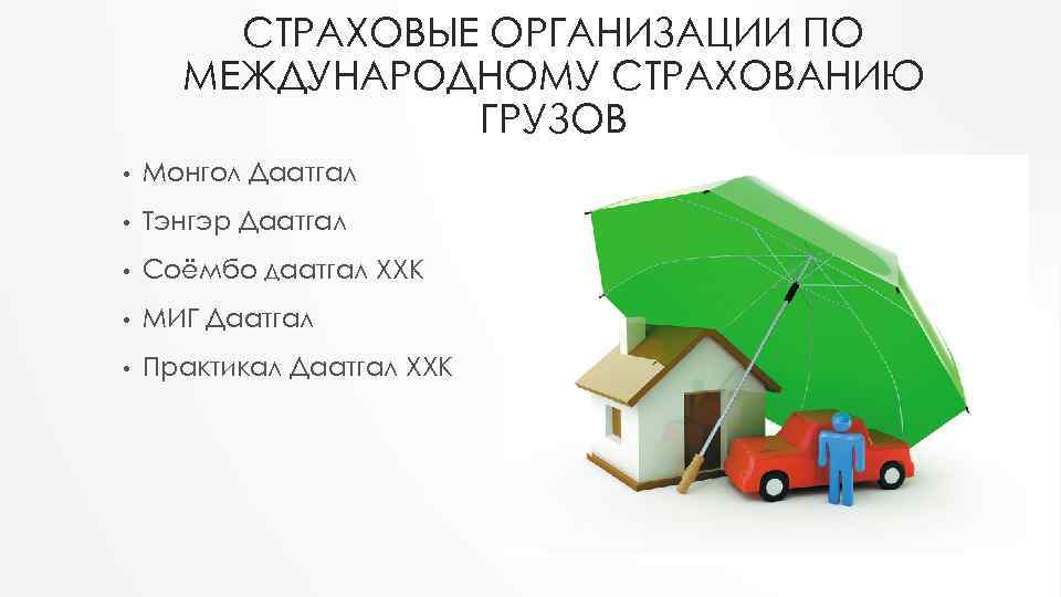 СТРАХОВЫЕ ОРГАНИЗАЦИИ ПО МЕЖДУНАРОДНОМУ СТРАХОВАНИЮ ГРУЗОВ • Монгол Даатгал • Тэнгэр Даатгал • Соёмбо