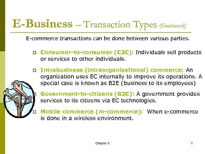 E-Business – Transaction Types (Continued) E commerce transactions can be done between various parties.