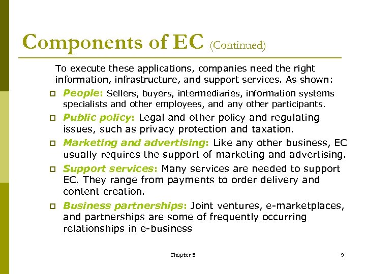 Components of EC (Continued) To execute these applications, companies need the right information, infrastructure,