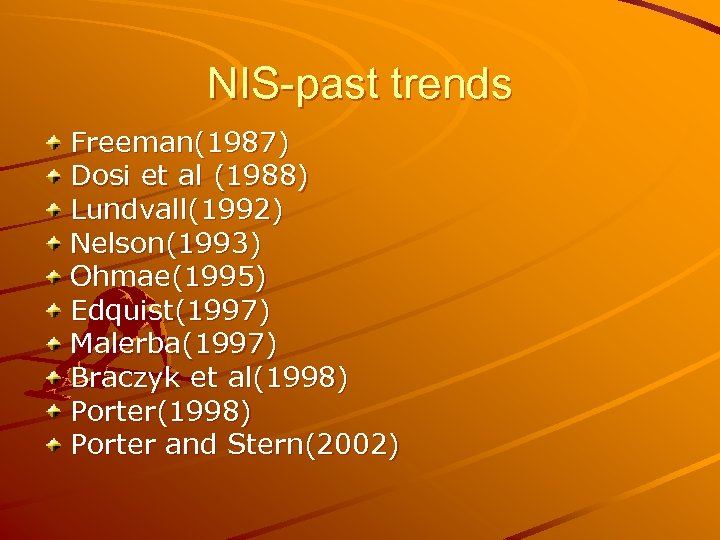 NIS-past trends Freeman(1987) Dosi et al (1988) Lundvall(1992) Nelson(1993) Ohmae(1995) Edquist(1997) Malerba(1997) Braczyk et