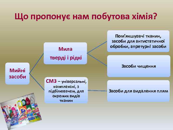 Що пропонує нам побутова хімія? Мила тверді і рідкі Мийні засоби Пом’якшувачі тканин, засоби