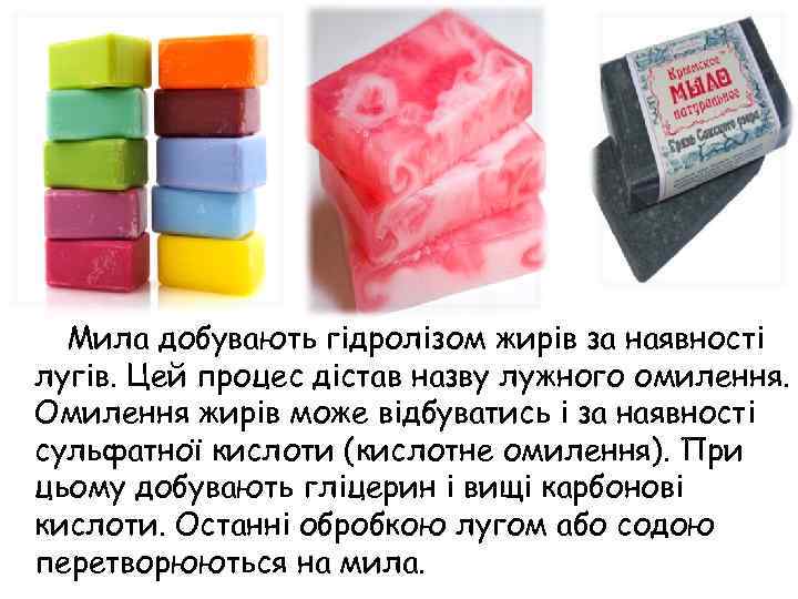 Мила добувають гідролізом жирів за наявності лугів. Цей процес дістав назву лужного омилення. Омилення