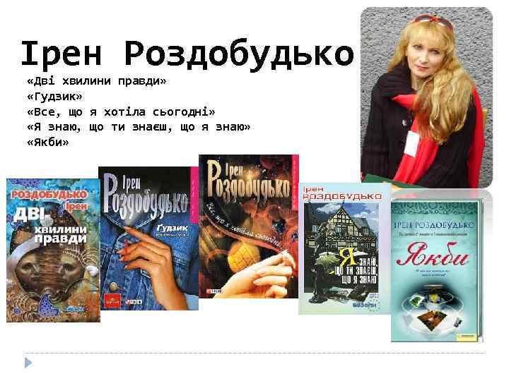 Ірен Роздобудько «Дві хвилини правди» «Гудзик» «Все, що я хотіла сьогодні» «Я знаю, що