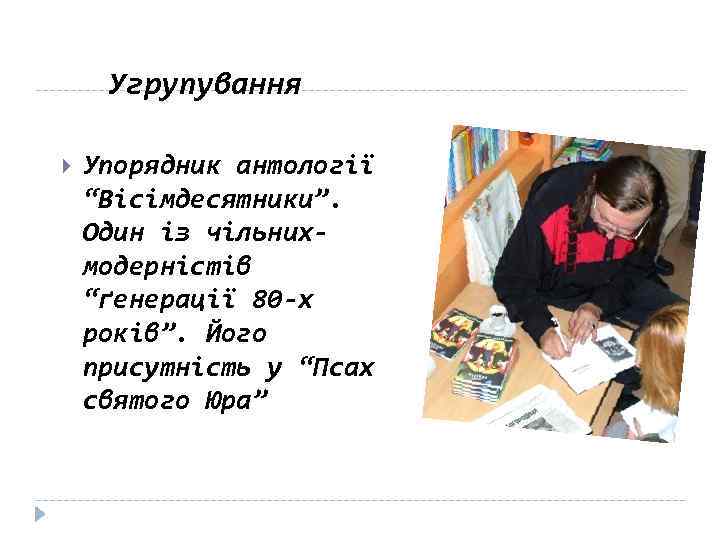 Угрупування Упорядник антології “Вісімдесятники”. Один із чільнихмодерністів “ґенерації 80 -х років”. Його присутність у