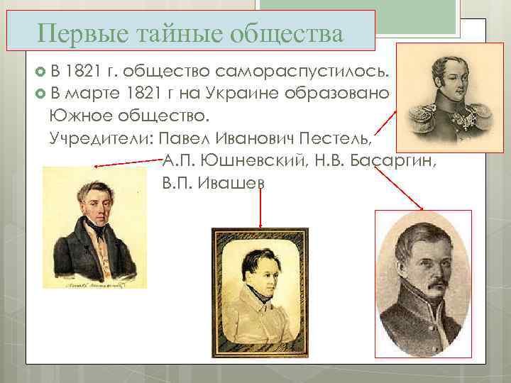 Первые тайные общества В 1821 г. общество самораспустилось. В марте 1821 г на Украине