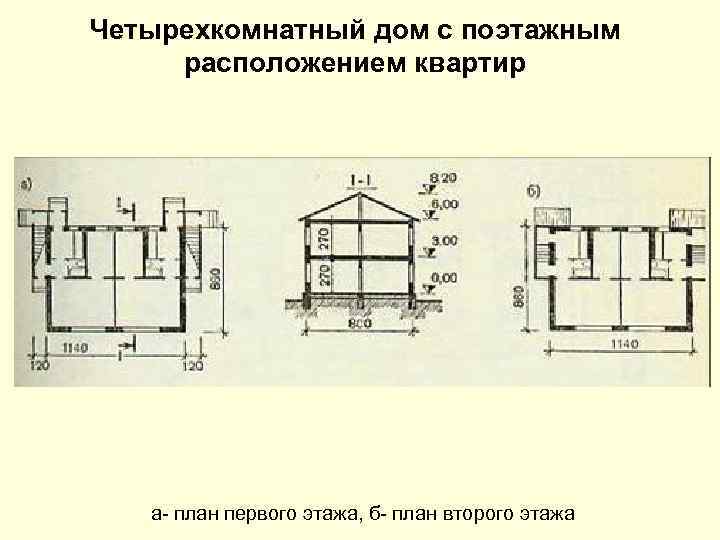 Четырехкомнатный дом с поэтажным расположением квартир а- план первого этажа, б- план второго этажа