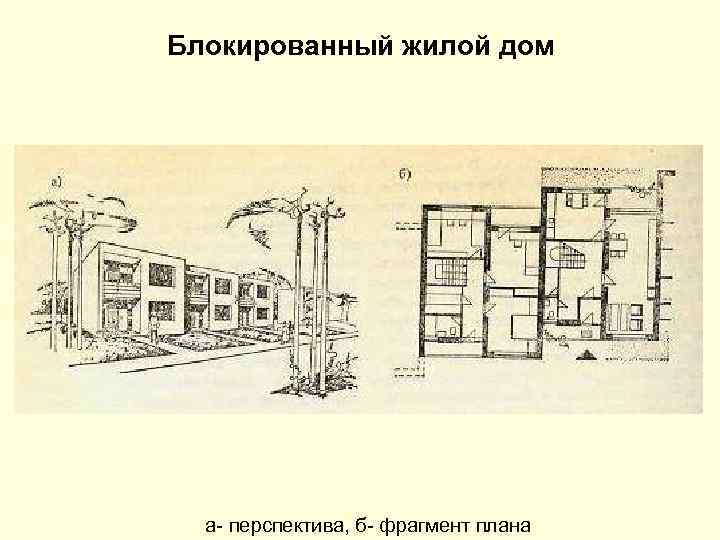 Блокированный жилой дом а- перспектива, б- фрагмент плана 