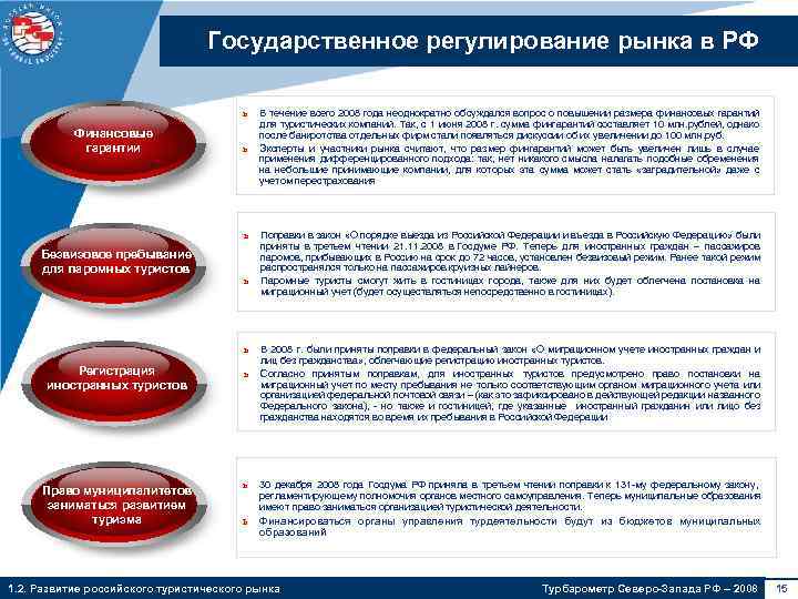 Государственное регулирование рынка в РФ ь Финансовые гарантии ь ь Безвизовое пребывание для паромных