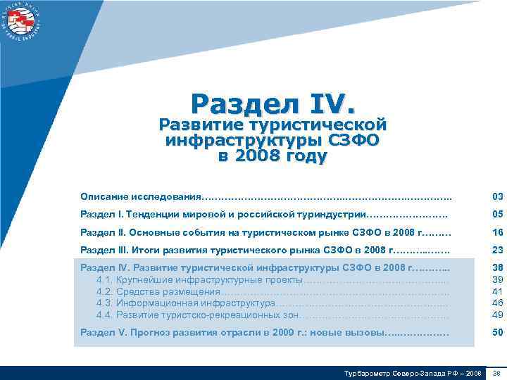 Раздел IV. Развитие туристической инфраструктуры СЗФО в 2008 году Описание исследования…………………. . 03 Раздел