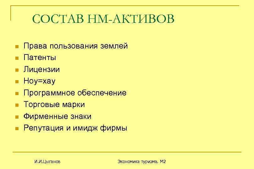 СОСТАВ НМ-АКТИВОВ n n n n Права пользования землей Патенты Лицензии Ноу=хау Программное обеспечение