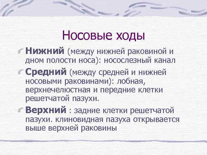 Носовые ходы Нижний (между нижней раковиной и дном полости носа): носослезный канал Средний (между