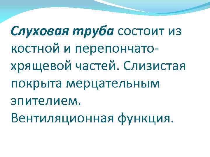 Слуховая труба состоит из костной и перепончатохрящевой частей. Слизистая покрыта мерцательным эпителием. Вентиляционная функция.