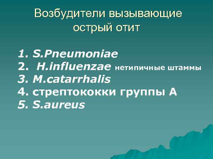 Возбудители вызывающие острый отит 1. 2. 3. 4. 5. S. Pneumoniae H. influenzae нетипичные