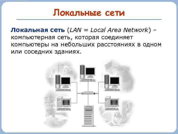 Локальные сети Локальная сеть (LAN = Local Area Network) – компьютерная сеть, которая соединяет