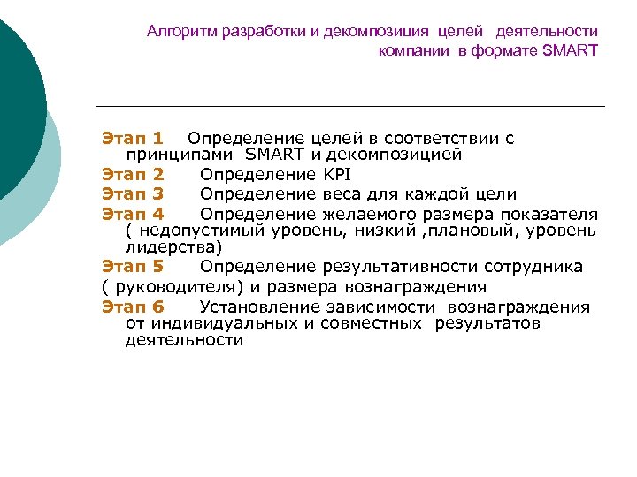 Алгоритм разработки и декомпозиция целей деятельности компании в формате SMART Этап 1 Определение целей