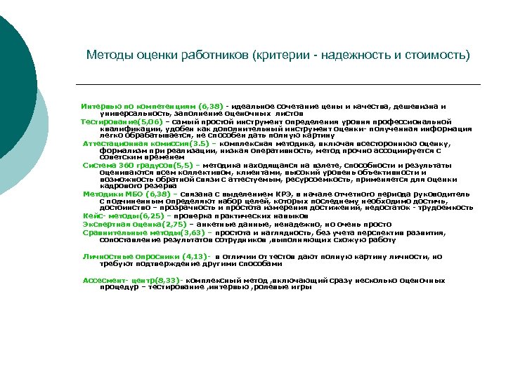 Методы оценки работников (критерии - надежность и стоимость) Интервью по компетенциям (6, 38) -