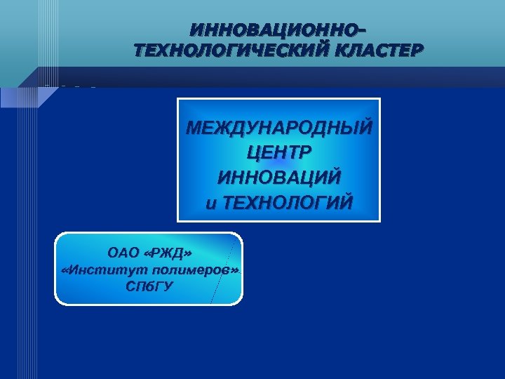 ИННОВАЦИОННОТЕХНОЛОГИЧЕСКИЙ КЛАСТЕР МЕЖДУНАРОДНЫЙ ЦЕНТР ИННОВАЦИЙ и ТЕХНОЛОГИЙ ОАО «РЖД» «Институт полимеров» СПб. ГУ 